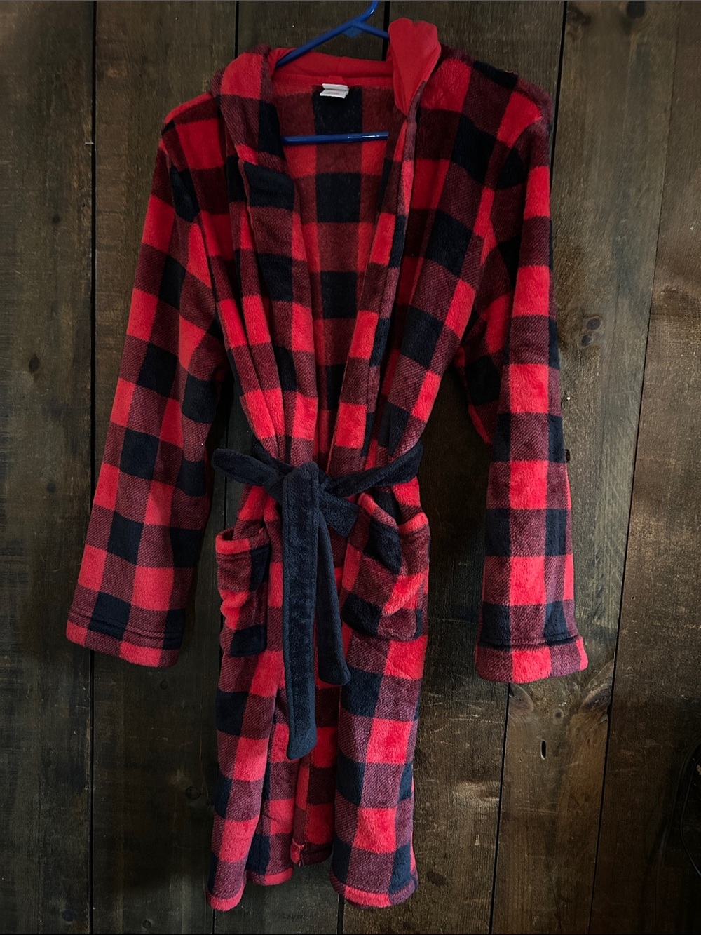 Old Navy Red and Black Buffalo Plaid Hooded Kids Robe